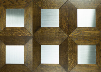 Oak flooring pattern with stainless steel inserts